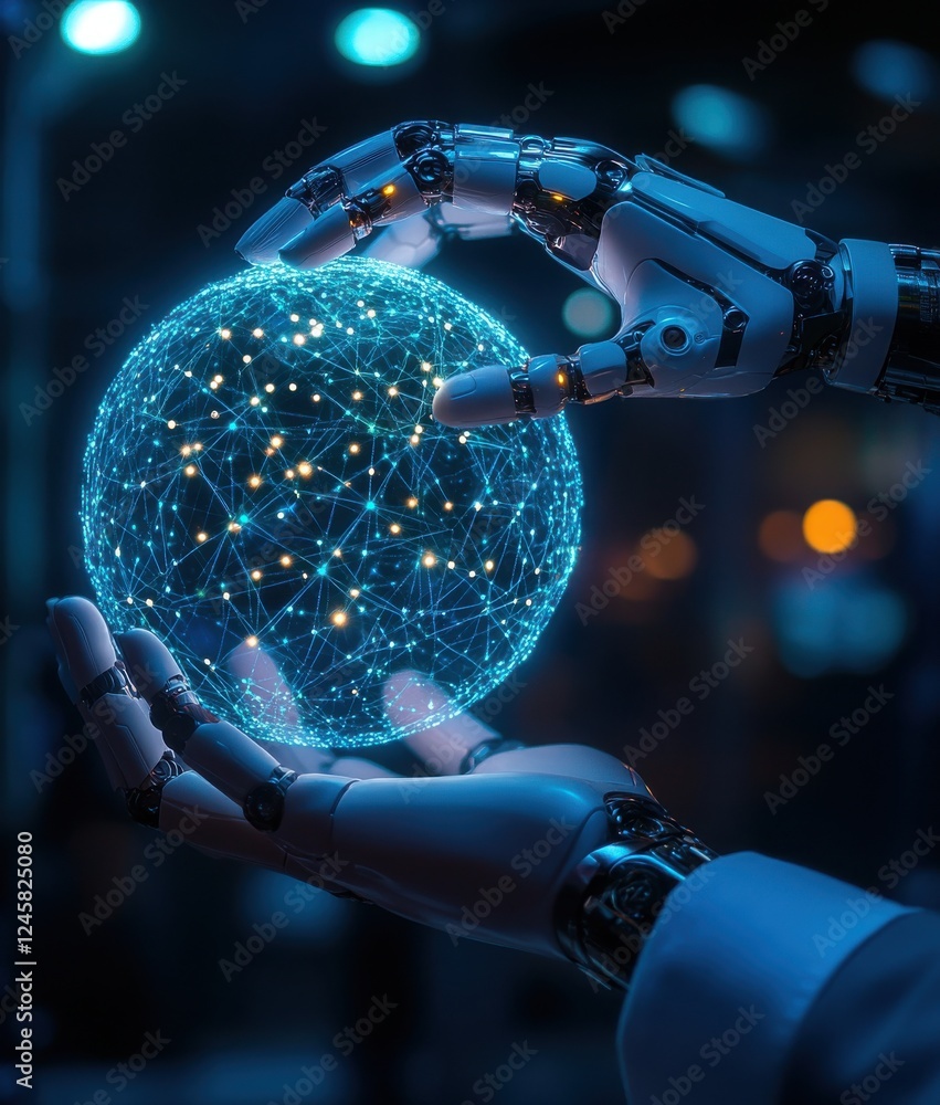 Poster futuristic robot hand holding glowing digital globe with network connections in a high-tech environm