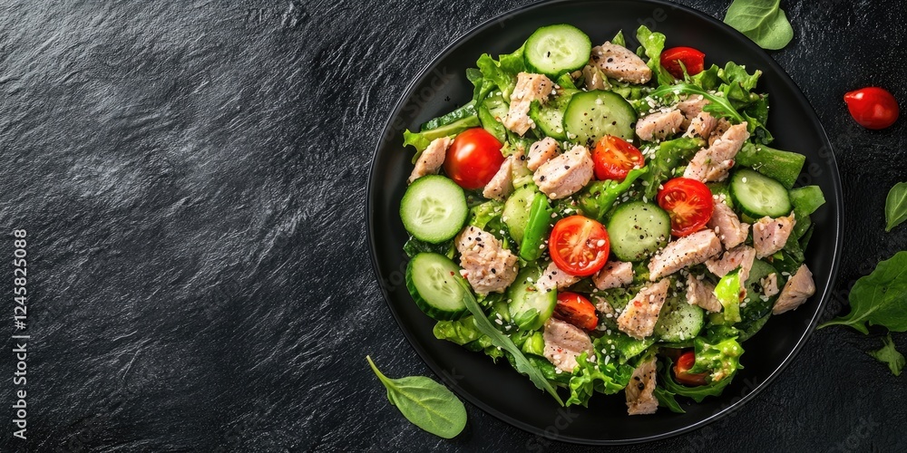 Poster Vibrant tuna salad with cucumber and cherry tomatoes on a textured black plate, overhead view with dark slate backdrop and ample copy space