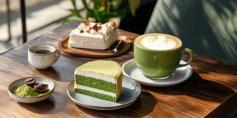 Green matcha cake with layers on a white plate beside a green cup of latte art coffee, chocolate cake on a wooden table with soft lighting.