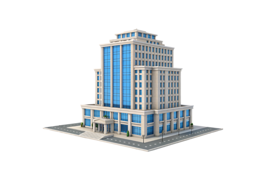 A towering, elegant structure with blue-tinted windows, classical elements, and symmetrical facades, embodying modern urban sophistication, isolated on a transparent background