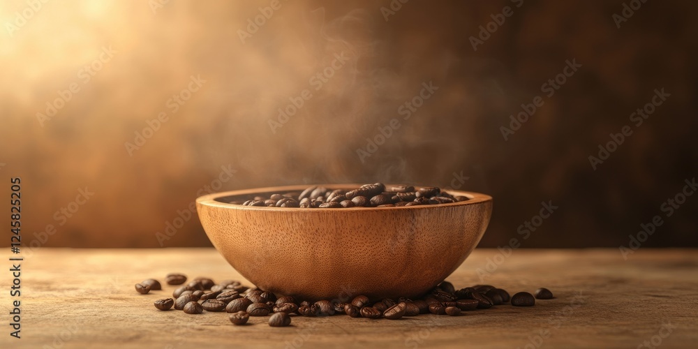 Poster Wooden bowl filled with coffee beans on rustic surface with steam rising warm brown tones creating a cozy atmosphere ample copy space available