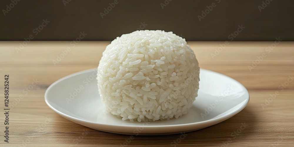 Poster steaming white rice shaped into a perfect ball on a white plate against a warm wooden background hig