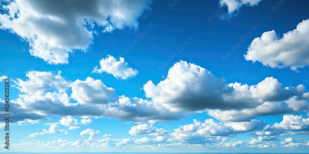 Poster Vibrant white fluffy clouds scattered across a bright azure sky creating a serene atmospheric scene ideal for nature-themed designs