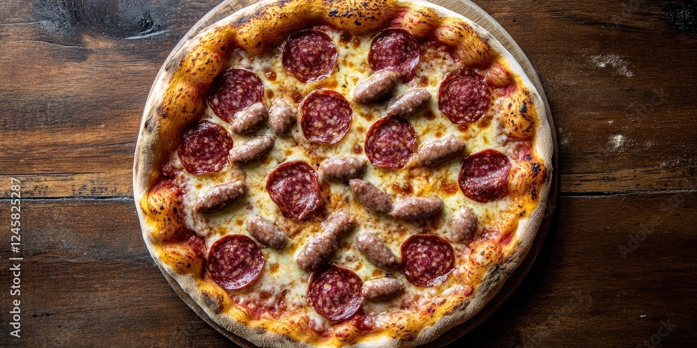Poster delicious pizza topped with crisp salami and sausage slices on a round wooden table showcasing golde