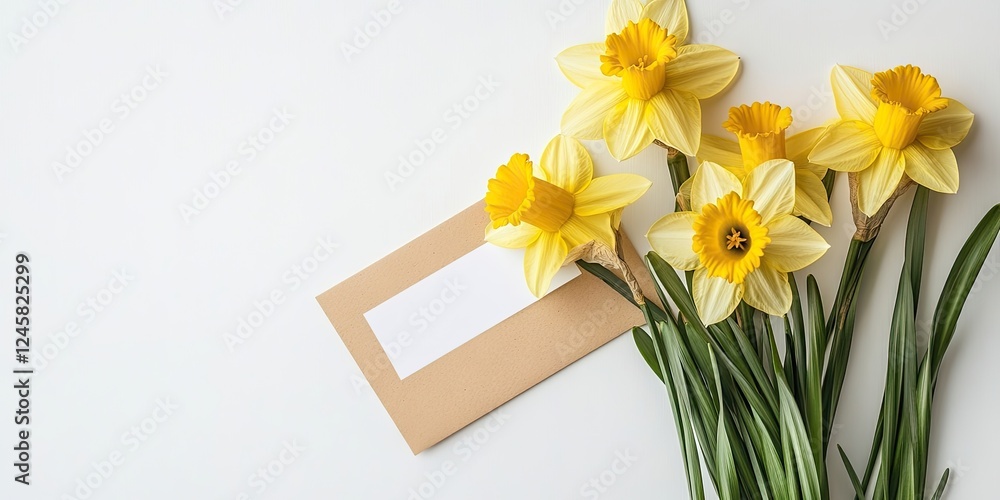 Poster bright yellow daffodils arranged on the left with a blank beige card beside them, all set against a 