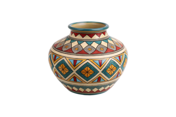 A vase showcasing colorful, interlocking diamond designs, enhanced with small dot patterns. Its design exudes cultural and artistic significance, isolated on a transparent background