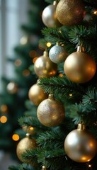 Fototapeta premium Ornate Christmas tree with gold and silver ornaments, silver, christmas