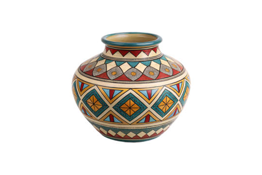 A vase showcasing colorful, interlocking diamond designs, enhanced with small dot patterns. Its design exudes cultural and artistic significance, isolated on a transparent background
