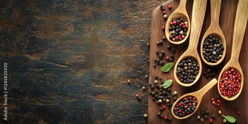 Aufkleber Colorful assortment of spices in wooden spoons on a rustic board with dark background left for text placement creating a warm culinary atmosphere