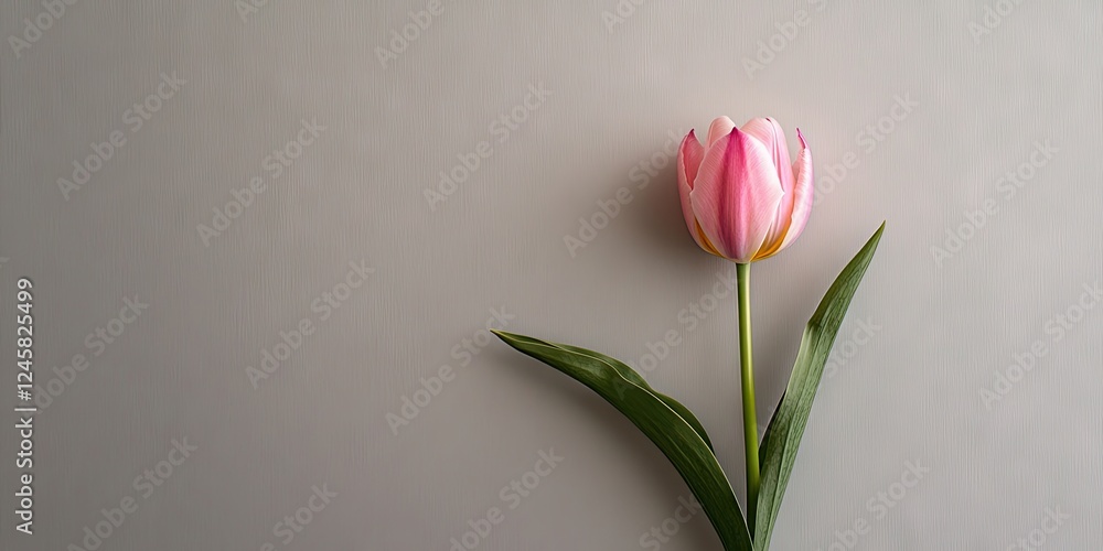 Fototapete single pink tulip with white edges and three green leaves positioned diagonally on a light grey back