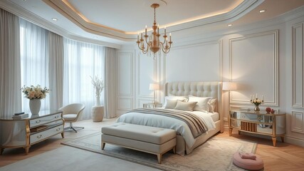 Luxurious white master bedroom with elegant furniture, soft bedding, and minimalistic decor, luxury bedroom, decor, luxury interior
