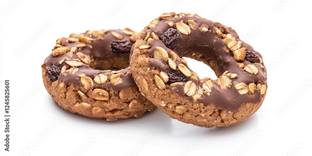 Poster two circular cookies made from chocolate oats and nuts topped with raisins, positioned close togethe