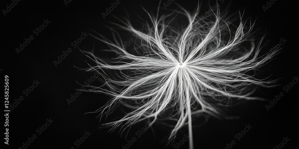 Aufkleber abstract monochromatic dandelion seed head against a deep black background showcasing intricate whit