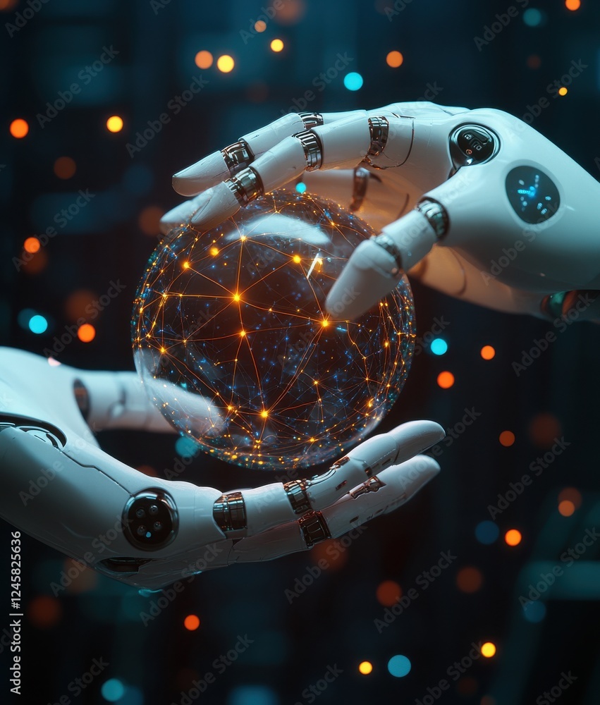Poster futuristic robot hands holding a transparent sphere with glowing connections and bright particles ag
