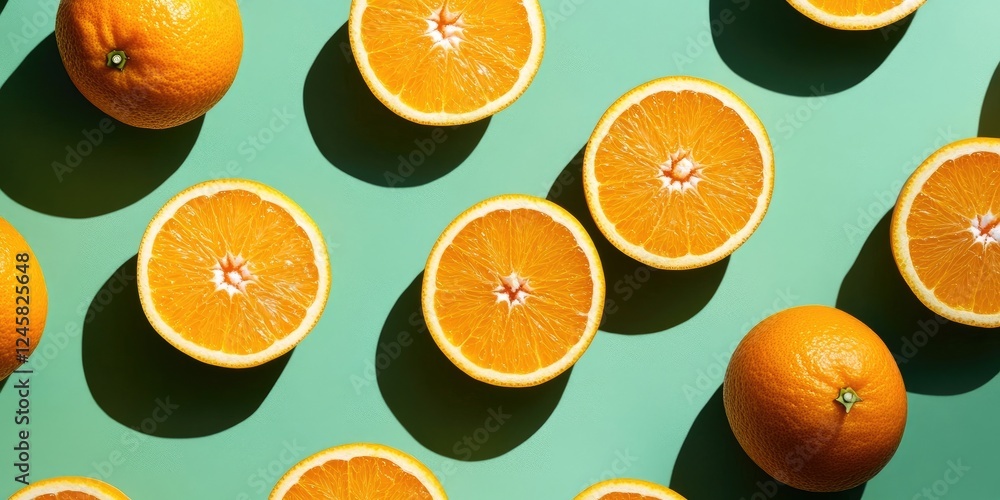 Poster Sliced oranges displayed on a green background with shadows creating depth showcasing vibrant orange hues and fresh texture of citrus fruits.