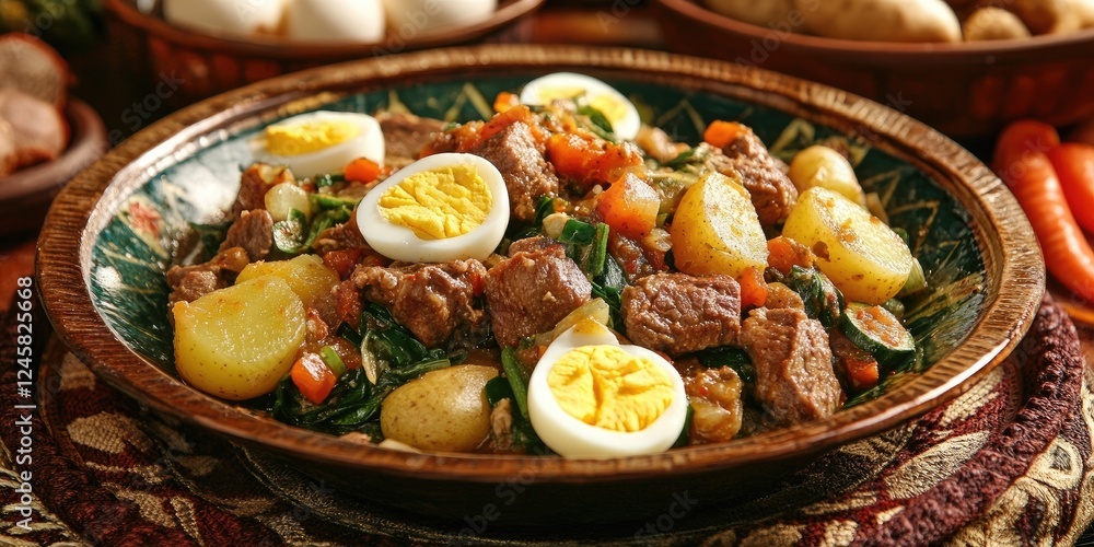 Aufkleber aromatic beef stew with boiled eggs and vegetables garnished in a vibrant green platter, set against