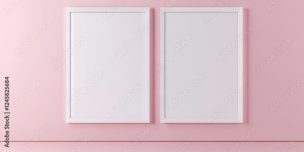 Leinwandbilder minimalist gallery wall with two empty white frames on a soft pink background, centered and evenly s