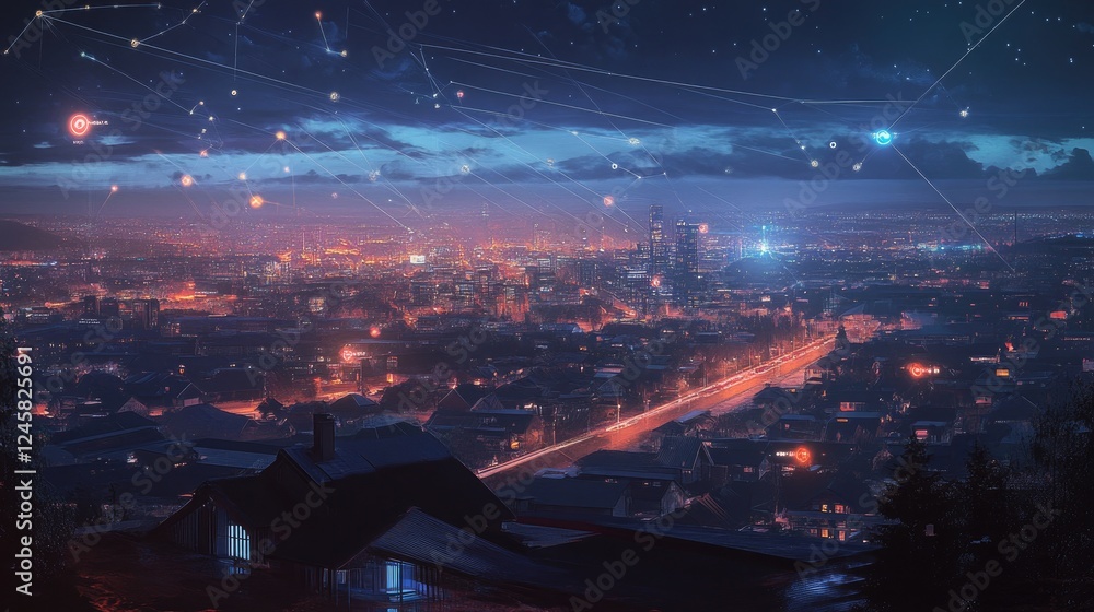 Poster a futuristic cityscape at night with interconnected homes and infrastructure, glowing lines and data