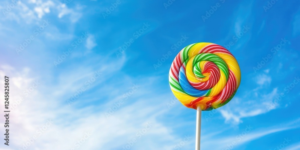 Poster Rainbow swirl lollipop centered in foreground against a bright blue sky with fluffy white clouds creating a joyful and inviting atmosphere for text