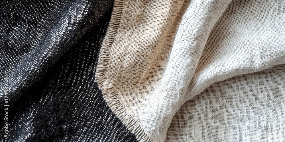Poster textured linen fabric in earthy tones of beige and charcoal grey, laid side by side to create a soft