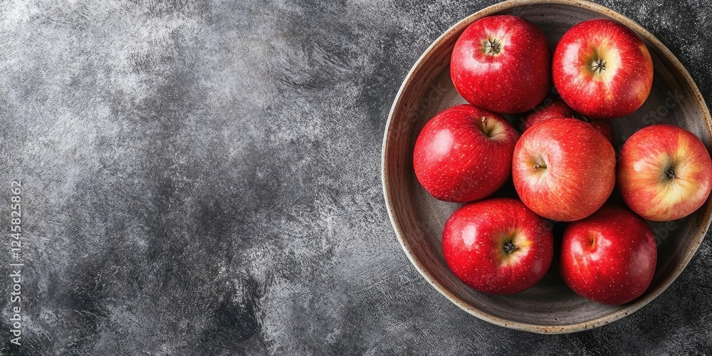 Poster Bowl of vibrant red apples on a textured dark gray table with ample empty space for text on the left side showcasing freshness and abundance