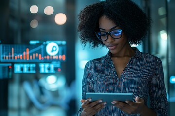 A confident businesswoman examines digital charts in a modern office, illustrating financial transformation through advanced technology and data displays.
