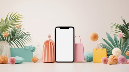 Mobile App Display with Colorful Shopping Bags