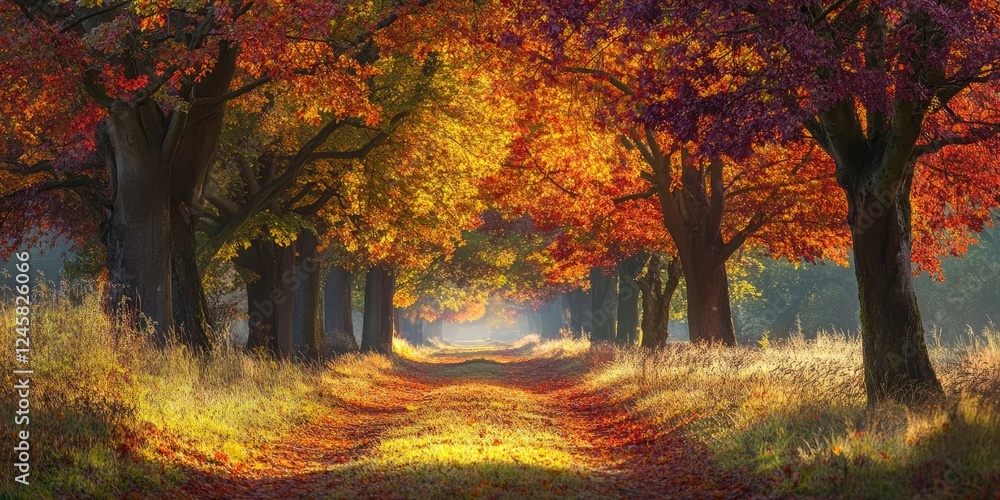 Poster Autumn pathway surrounded by vibrant orange and red trees with soft sunlight filtering through creating a serene and warm atmosphere.