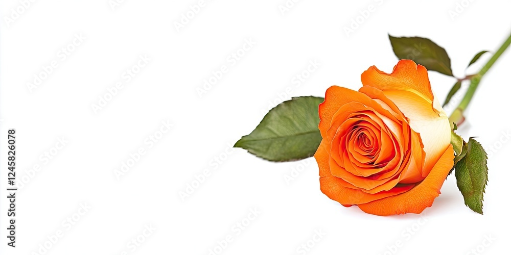Aufkleber orange rose positioned on the left side of a white background with green leaves accentuating its vib