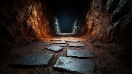 A detailed close-up of stones laid along an ancient cave pathway, enhanced by warm ambient light that hints at the secrets the dark tunnel may hold within.