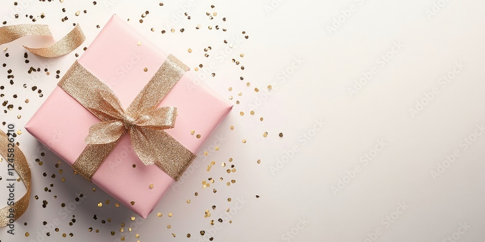 Poster top view of a pink gift box wrapped with a golden ribbon on a white background scattered with shiny 