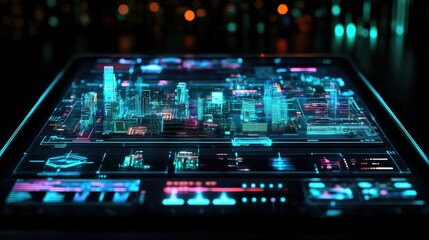 Obraz premium Futuristic Cityscape with Neon Lights and Digital Interface Display