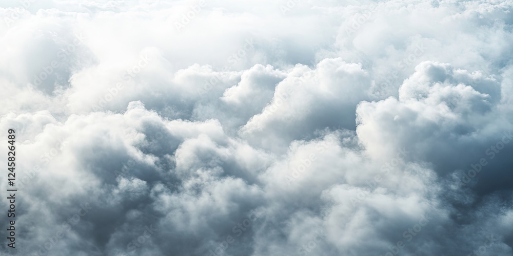 Poster Aerial view of fluffy white clouds under soft light with varying shades of gray and blue, creating a serene and tranquil atmosphere.