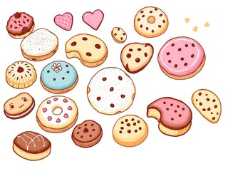 Obraz premium Set of whimsical hand drawn cookies in various shapes and colors on a white background, baked goods, dessert, hand drawn