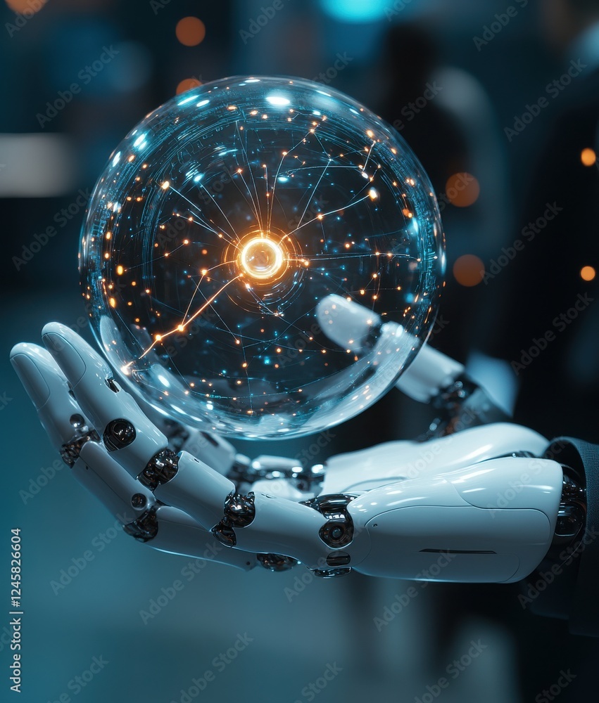 Poster futuristic robotic hand holding glowing sphere with intricate lights representing technology, innova