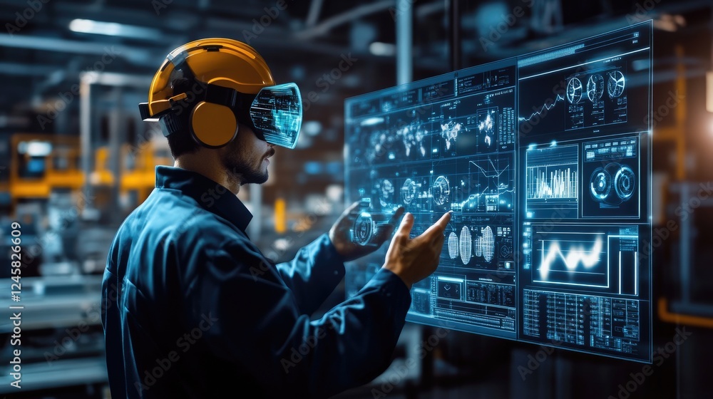 Poster A futuristic control room with an operator using AR technology to view operational data and receive expert guidance, optimizing decision-making with real-time feedback.