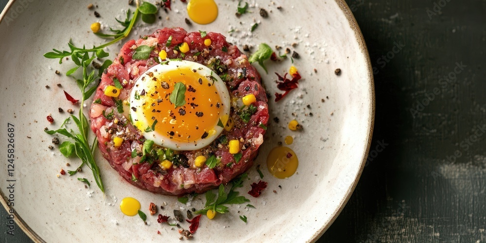 Poster Beef steak tartare with egg yolk and colorful condiments on a rustic plate garnished with greens creating an elegant culinary presentation.