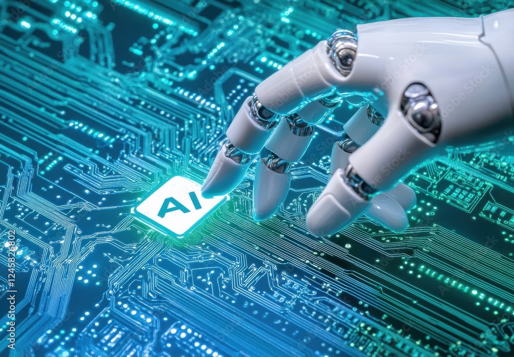 Poster futuristic robotic hand interacting with ai symbol on circuit board, showcasing advanced technology 