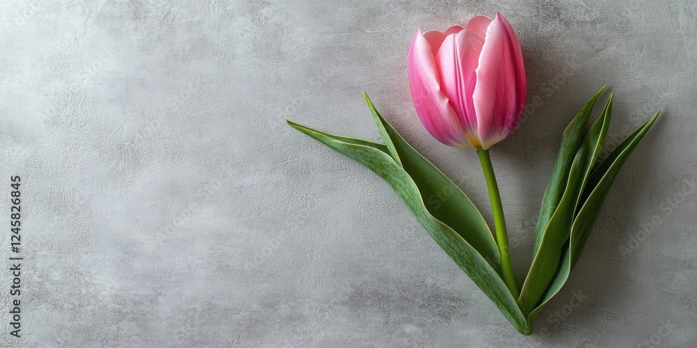 Poster single pink tulip with smooth petals and three vibrant green leaves positioned diagonally on a soft 