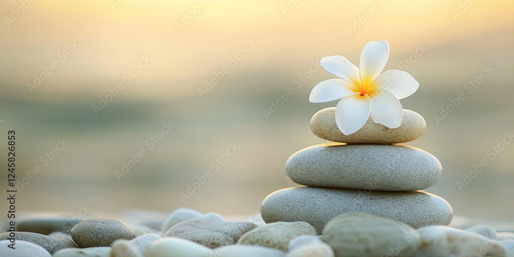 Poster Spa stones stacked with a white flower on top set against a soft golden background with smooth pebbles in the foreground creating a tranquil atmosphere