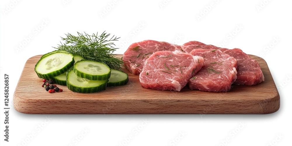 Poster freshly sliced raw meat with cucumber slices garnished with dill on a wooden cutting board isolated 