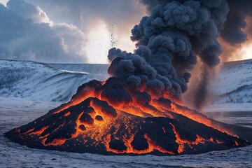 Energetic Tempest: Scorched Earth Eruption Against a Snowy Background