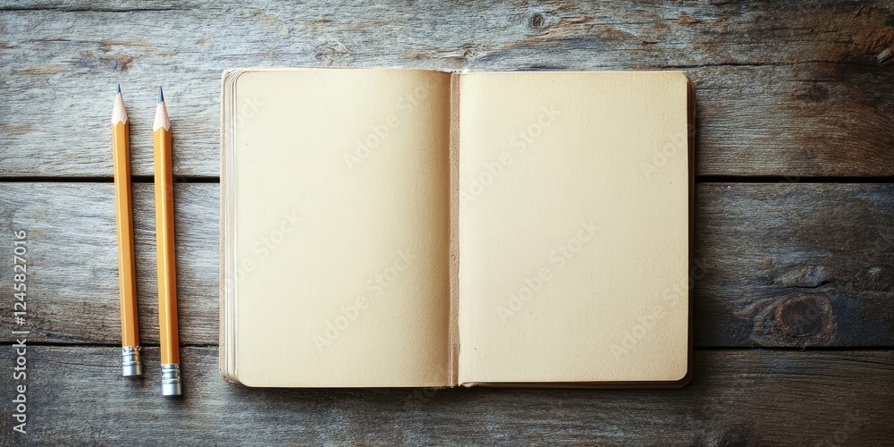 Leinwandbilder blank open book mockup on rustic wooden background with two yellow pencils positioned neatly on the 