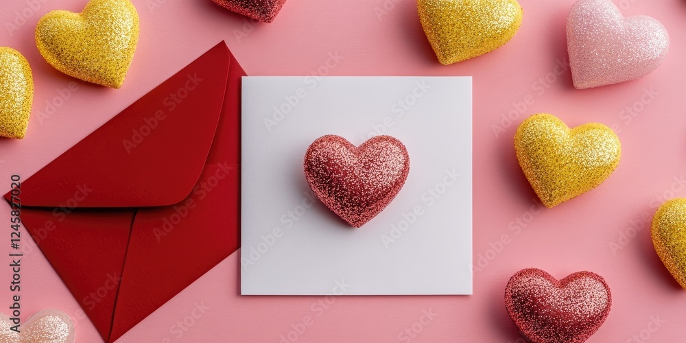 Poster romantic flat lay with a red envelope and a white card adorned with a sparkling red heart, surrounde