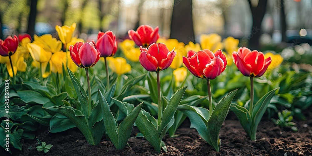 Aufkleber vibrant red and yellow tulips blooming in a lush green flower bed with blurred urban background and 