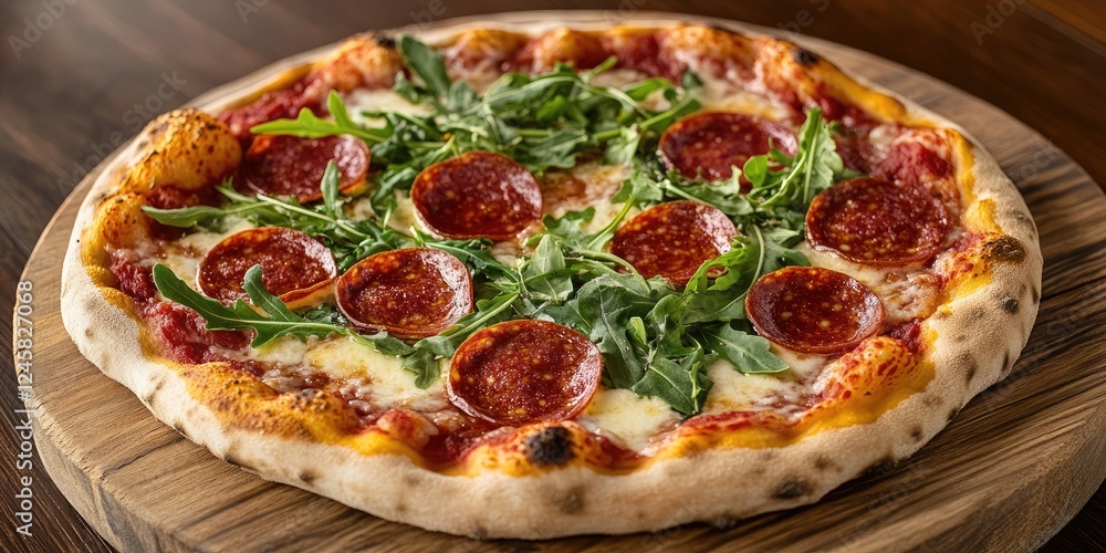 Poster pepperoni pizza with crispy edges topped with mozzarella fresh arugula and savory salami on a round 