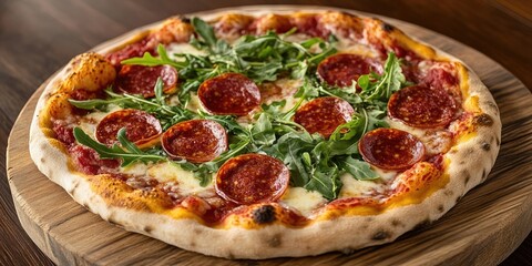 Pepperoni pizza with crispy edges topped with mozzarella fresh arugula and savory salami on a round wooden board against a dark background