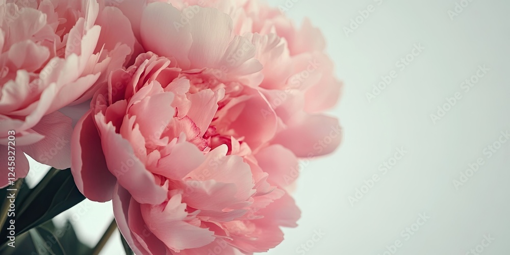 Poster pink peony blossoms in soft focus against a light gray backdrop with green leaves partly visible in 
