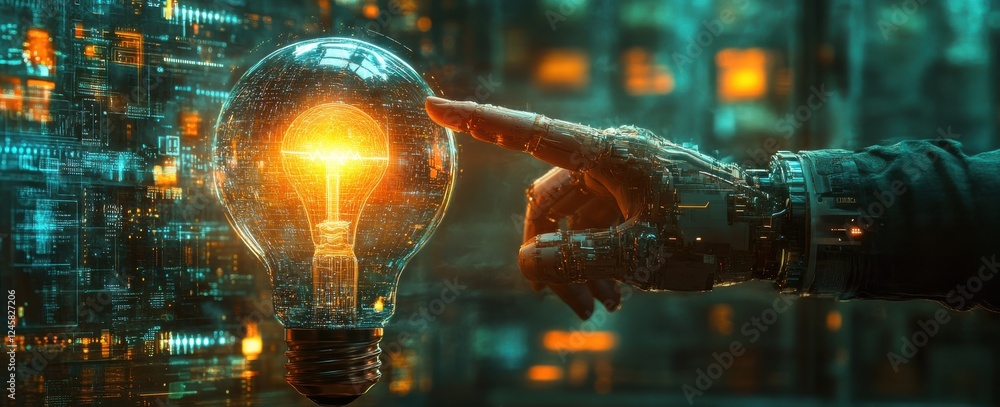 Poster futuristic robotic hand touching glowing light bulb surrounded by digital elements in a high-tech en