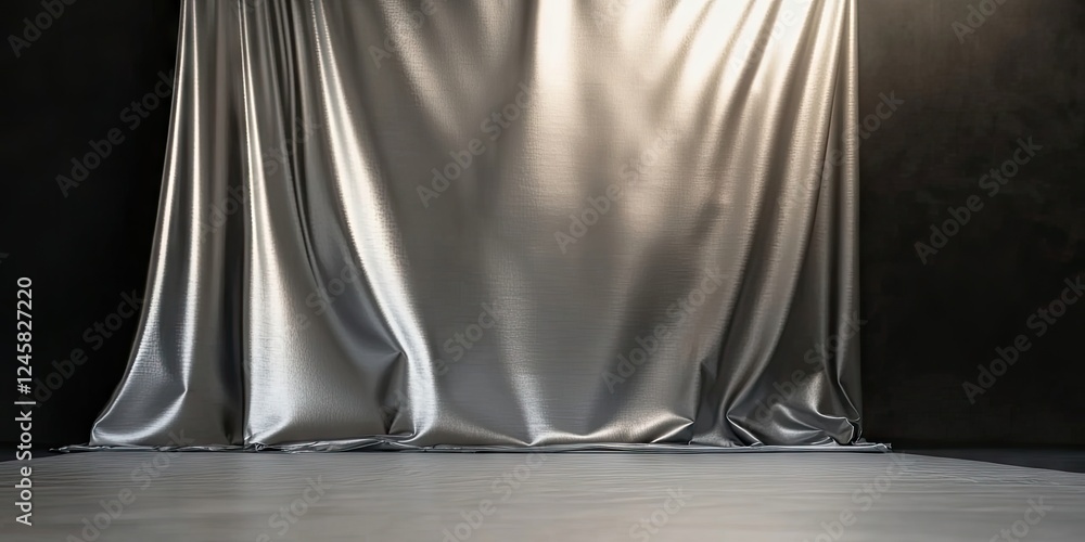 Fototapete sleek silver draped fabric backdrop with soft folds on the ground, creating an elegant and minimalis